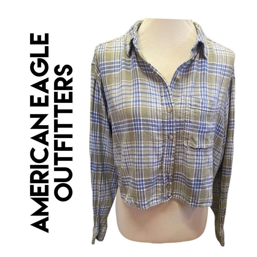 American Eagle Outfitters Blue/Green/White Plaid Long Sleeve Button Down Linen B